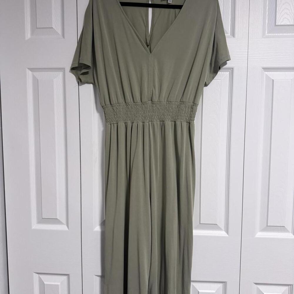 She + Sky L Sage Olive Green Jumpsuit Wide Leg Smocked Waist Soft Modal Blend